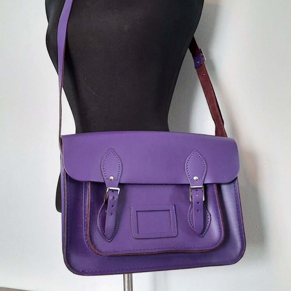 Purple Leather Cambridge Satchel Messenger Bag